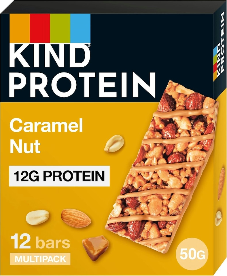 image 1 of KIND Protein Bars, Gluten Free Snack Bars, Caramel Nut, High Fibre, Source of Protein, No Artificial Colours, Flavours or Preservatives, Multipack 12 x 50g | Yellow