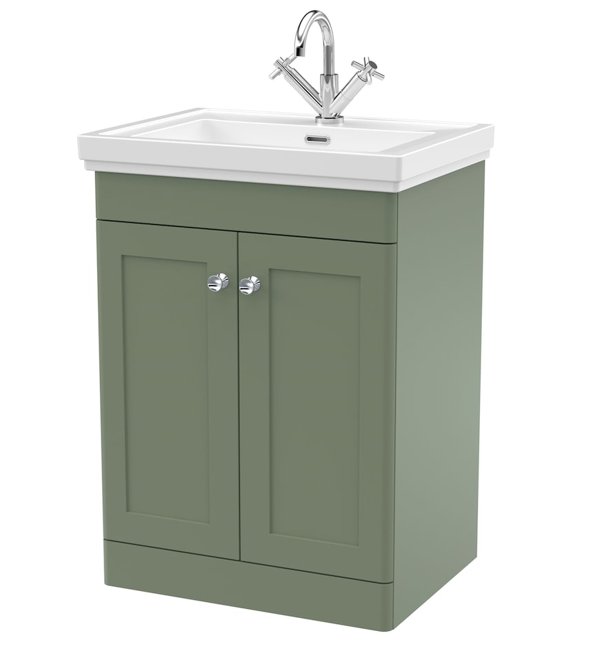 image 1 of Balterley Classic Traditional Bathroom Floor Standing 2-Door Vanity Unit & Fireclay Basin | Green | Satin Green