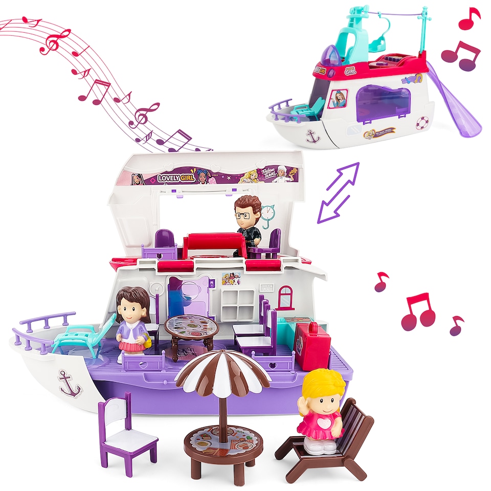image 1 of Children’s Boat House Playset – with Table, Chairs, 3 Figures, Lights & Sounds (Pink & White)