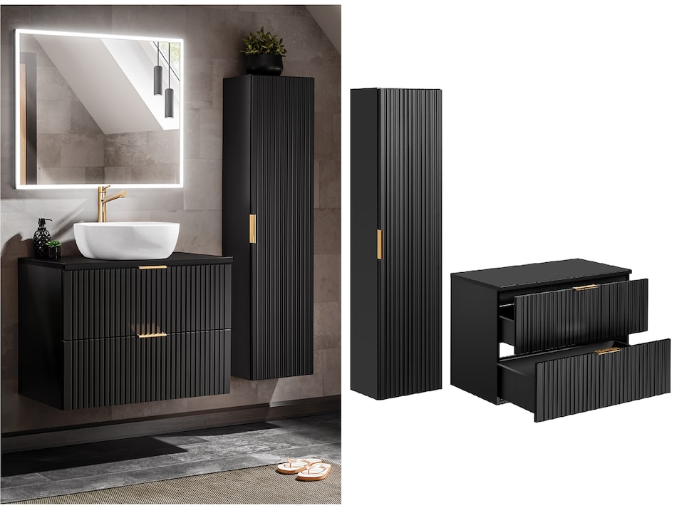 image 1 of Bathroom Cabinets Furniture Set Wall Hung 800mm Vanity Unit with Countertop and Tall Storage Cabinet Black Ribbed Fluted Adel