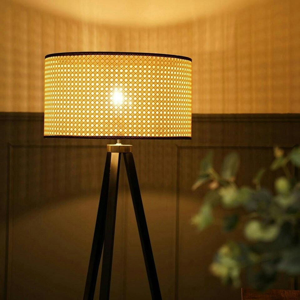 image 1 of ValueLights Barbro Black Tripod Floor Lamp Wicker Trim Shade & Bulb