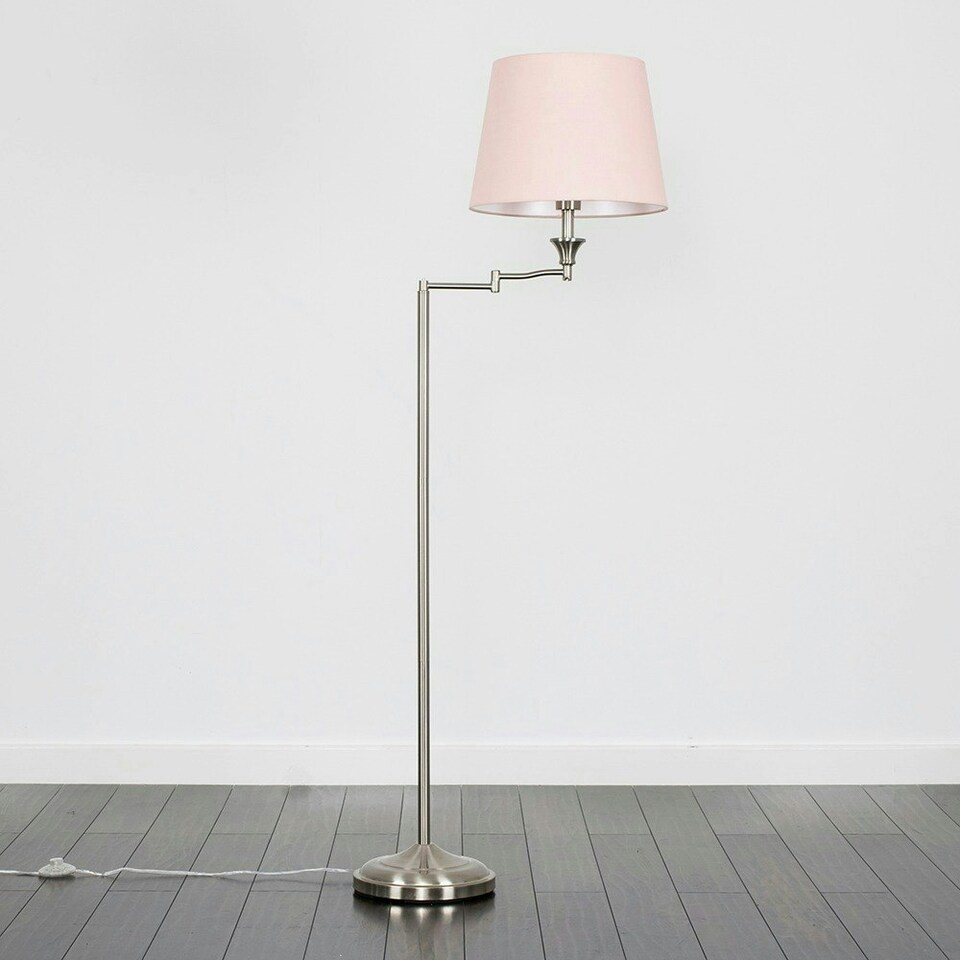 image 1 of ValueLights Sinatra Brushed Silver Floor Lamp with Medium Pink Tapered Shade and LED Bulb