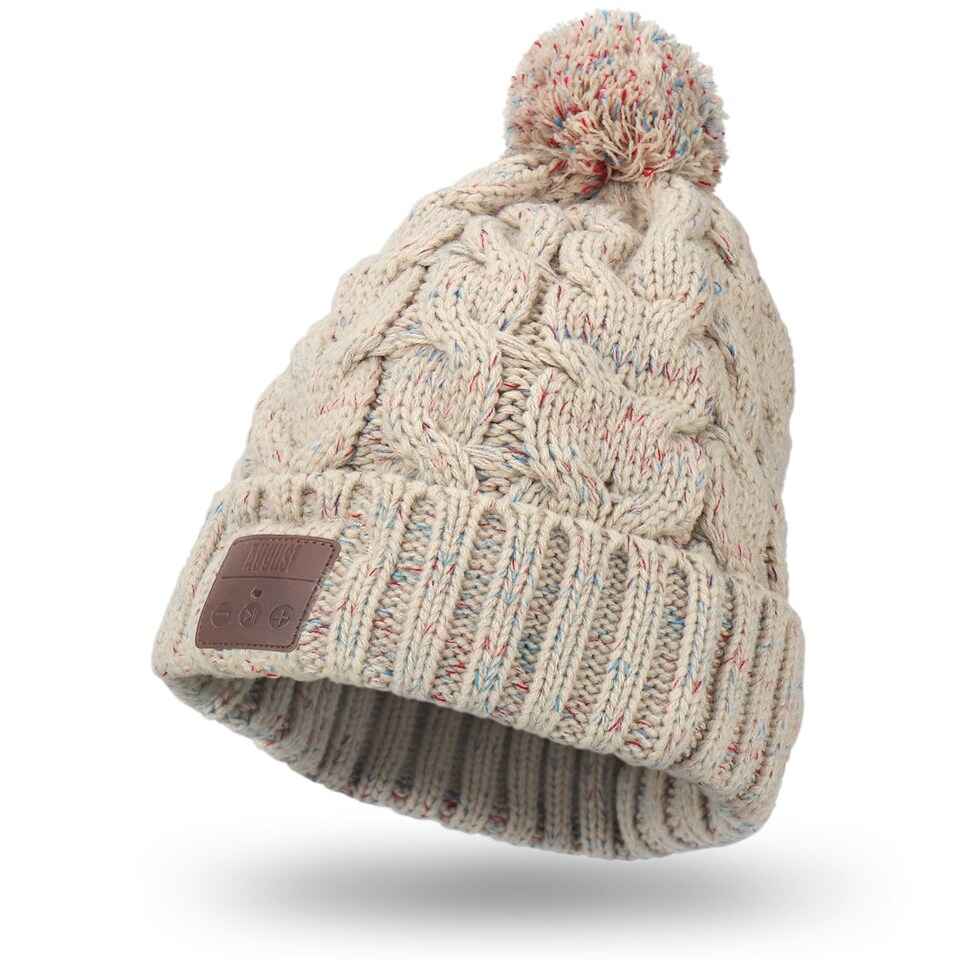 image 1 of Pom Pom Beanie Hat with Rechargeable Bluetooth Wireless Headphones Integrated – Audio, Volume, Call Buttons - Built-In Mic for Hands Free Calls - August EPA30G | Cream | 1