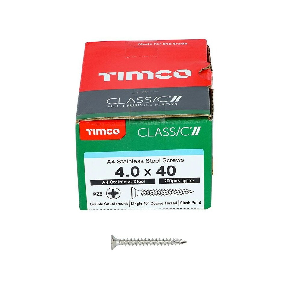 image 1 of Timco - Classic Multi-Purpose Screws - PZ - Double Countersunk - A4 Stainless Steel  (Size 4.0 x 40 - 200 Pieces)