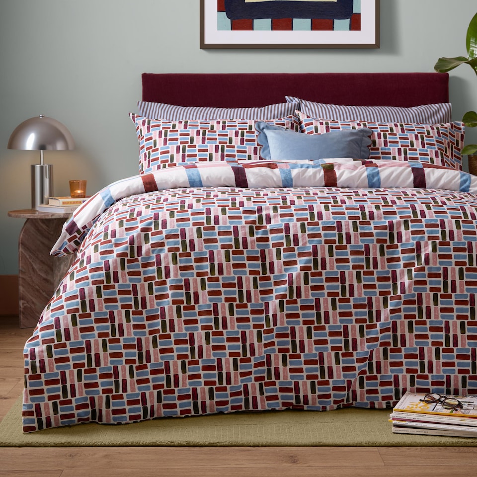 image 1 of Furn Selvan Reversible Printed Duvet Cover Set, Oatmilk & Burgundy