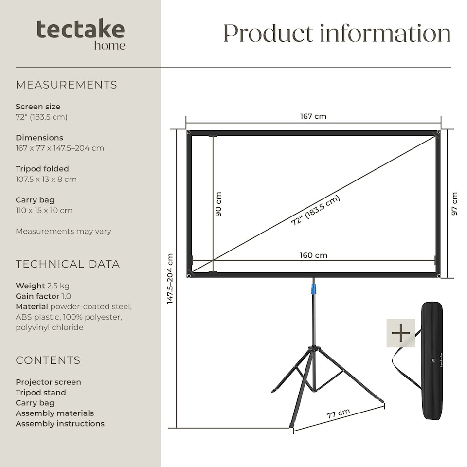 image 1 of Cinema Projector Screen with Foldable Tripod, 16:9, 4K, HD | White | white | L | 1