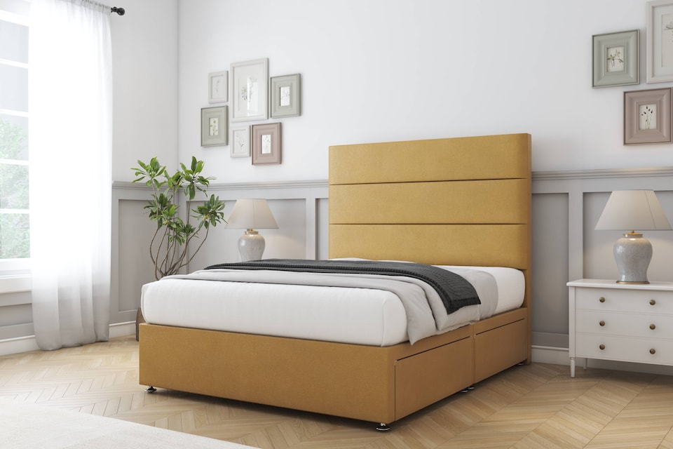 image 1 of Sloomy Texas Mustard Plush Divan Bed With Mattress 2 Drawers Footend With 54" Floor Standing Headboard 4' Small Double | Gold | Mustard | Small Double | 1