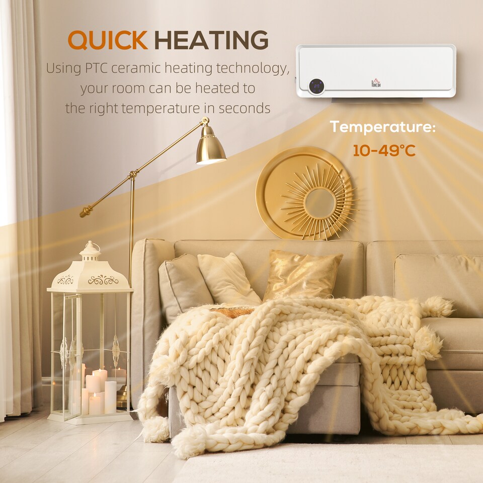 image 1 of HOMCOM Wall Downflow Heater 2 Heat and Fan 1000W2000W, Electric Space Heater with Timer Remote Oscillating, for Bedroom Home Office, White