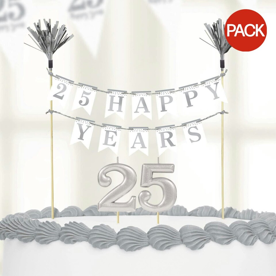 Amscan 25th Anniversary Candle & Cake Topper (Pack of 3) - Silver - One Size