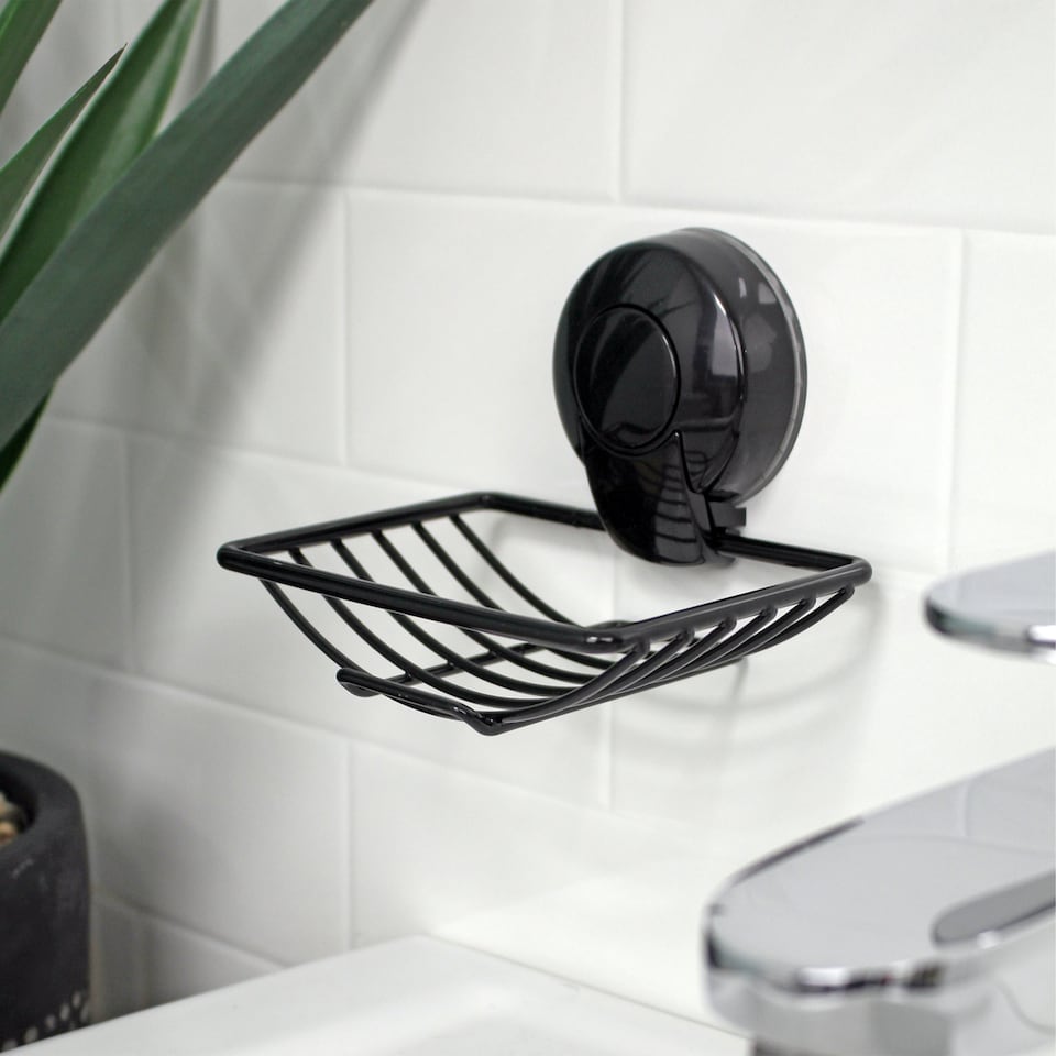 image 1 of Showerdrape Suctionloc Black Suction Wall Mounted Soap Basket with Mounting Discs | Black | 1