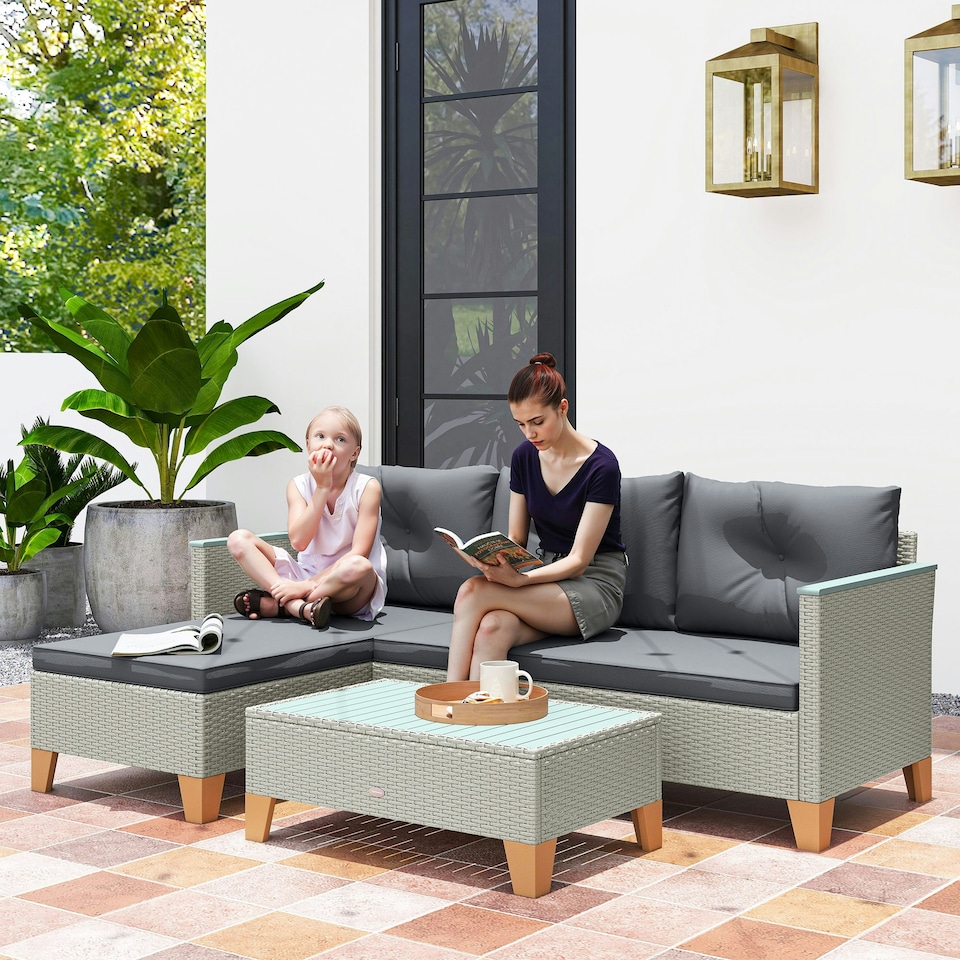 image 1 of Outsunny L Shaped Garden Conversation Chaise Lounge Furniture, Charcoal Grey