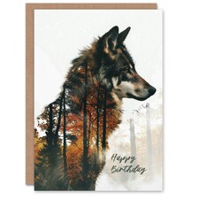 Wolf Autumn Forest Trees Double Exposure For Him Birthday Card