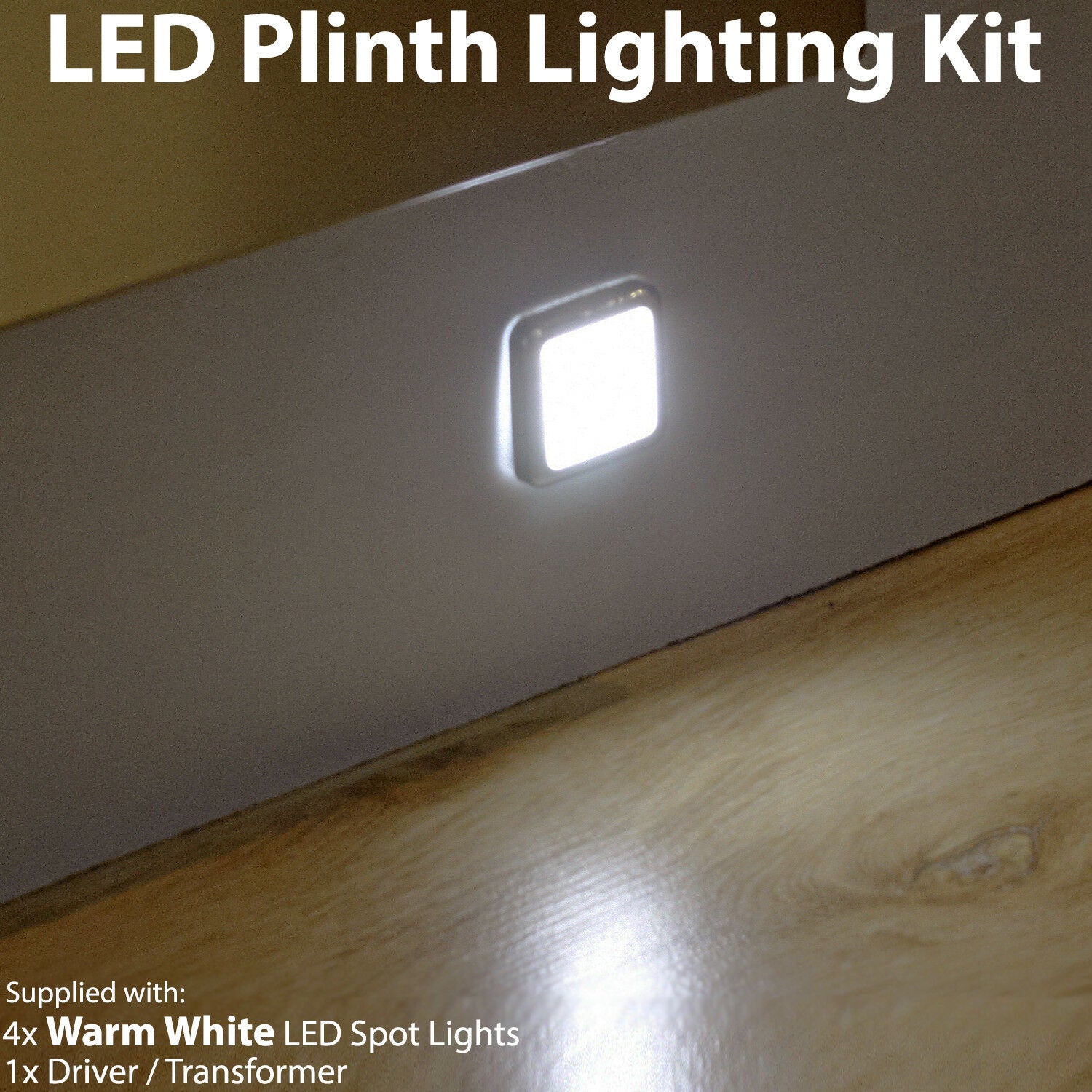Premium Square LED Plinth Light Kit with 4 Warm White Spotlights for Kitchen and Bathroom