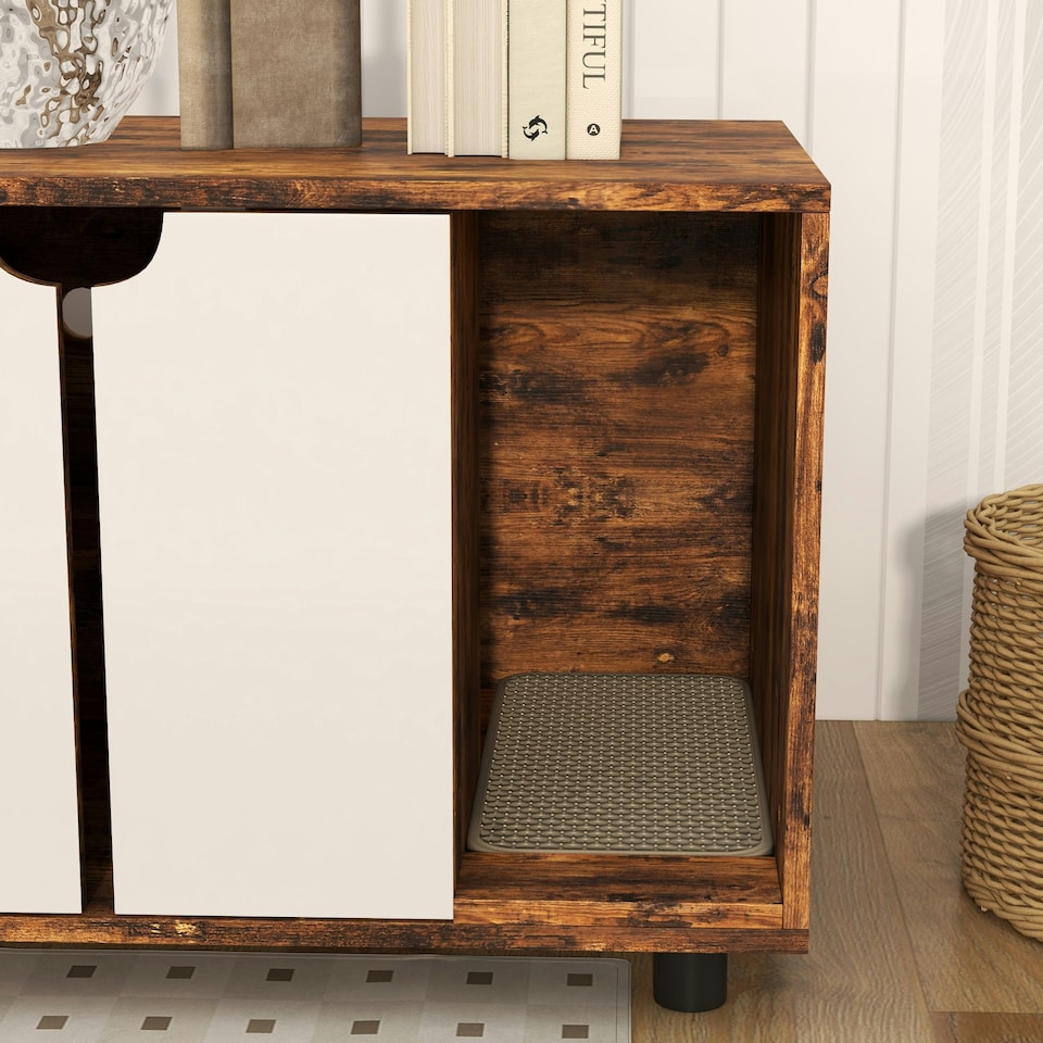 image 1 of PawHut Hidden Cat Litter Box Furniture w/ Sand Drain Pad - Rustic Brown