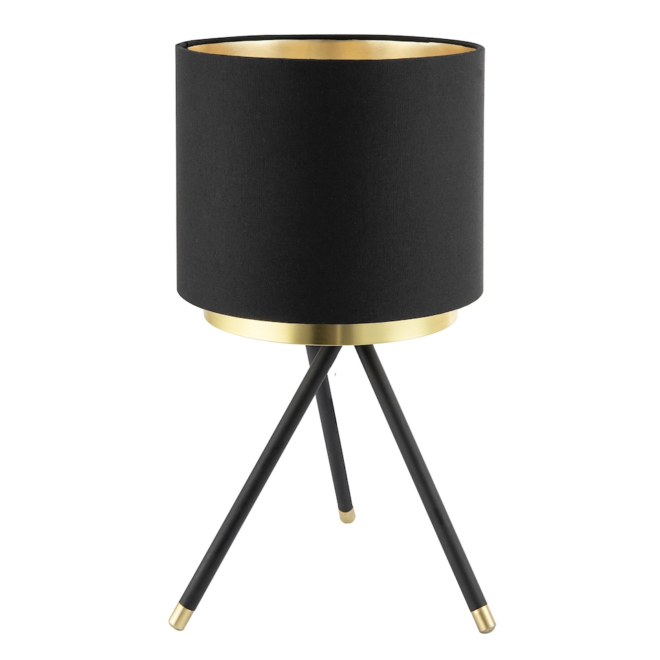 image 1 of Black Tripod Table Lamp with Gold Metal Ring and Cotton Drum Shade