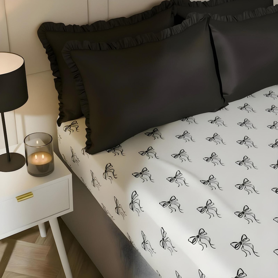 image 1 of OHS Bows Print Microfibre Easy Care 25cm Deep Fitted Bed Sheet | White | Monochrome | King