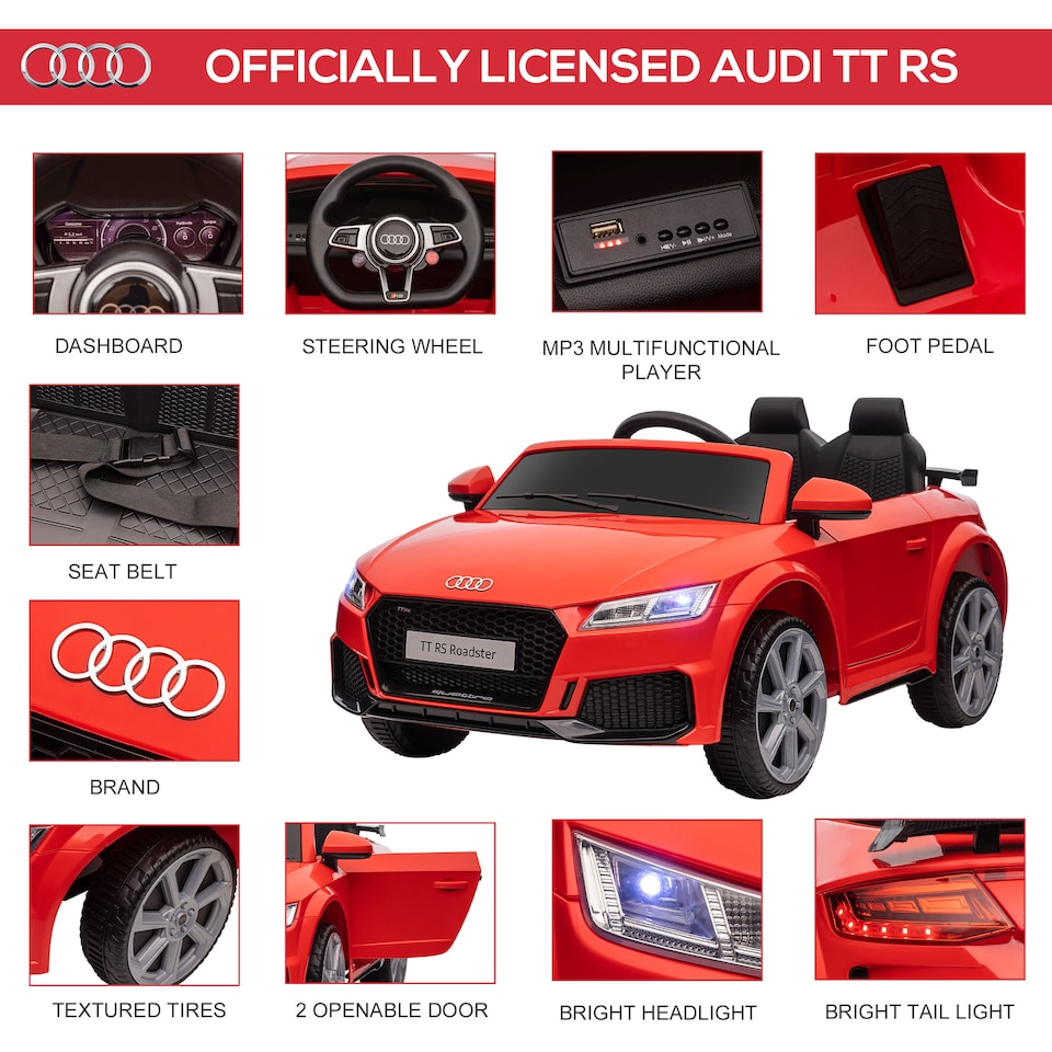 image 1 of HOMCOM 12V Battery Licensed Audi TT RS Ride-On Car w/ Headlight, Red