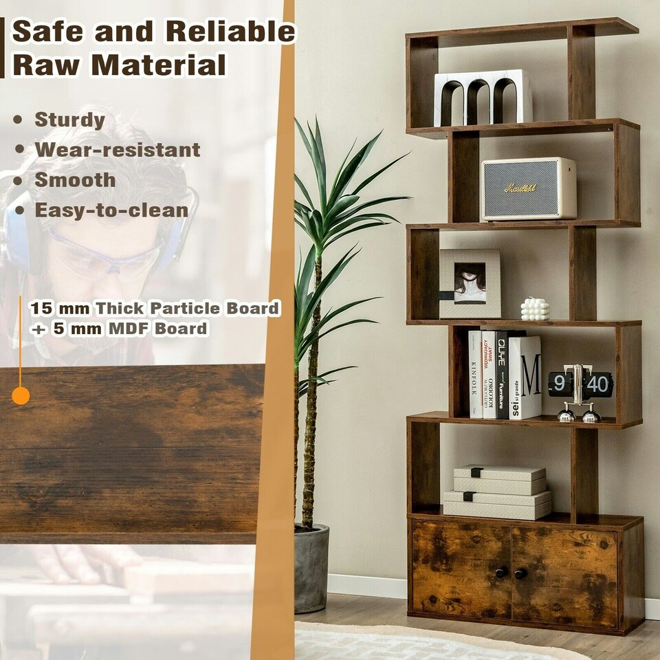 image 1 of COSTWAY 5-tier Bookcase S-Shaped Bookshelf Display Rack Brown Brown