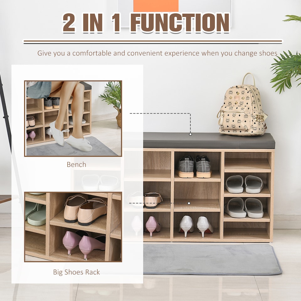 image 1 of HOMCOM Multi-Storage Shoe Rack w  14 Compartments Cushion Moving Shelves Solid Frame Foot Pads Home Office Tidy Organisation Boots Trainers Brown | Brown | Natural