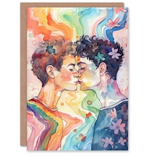 Rainbow Love Pride Gay Couple Kiss Watercolour Birthday Card