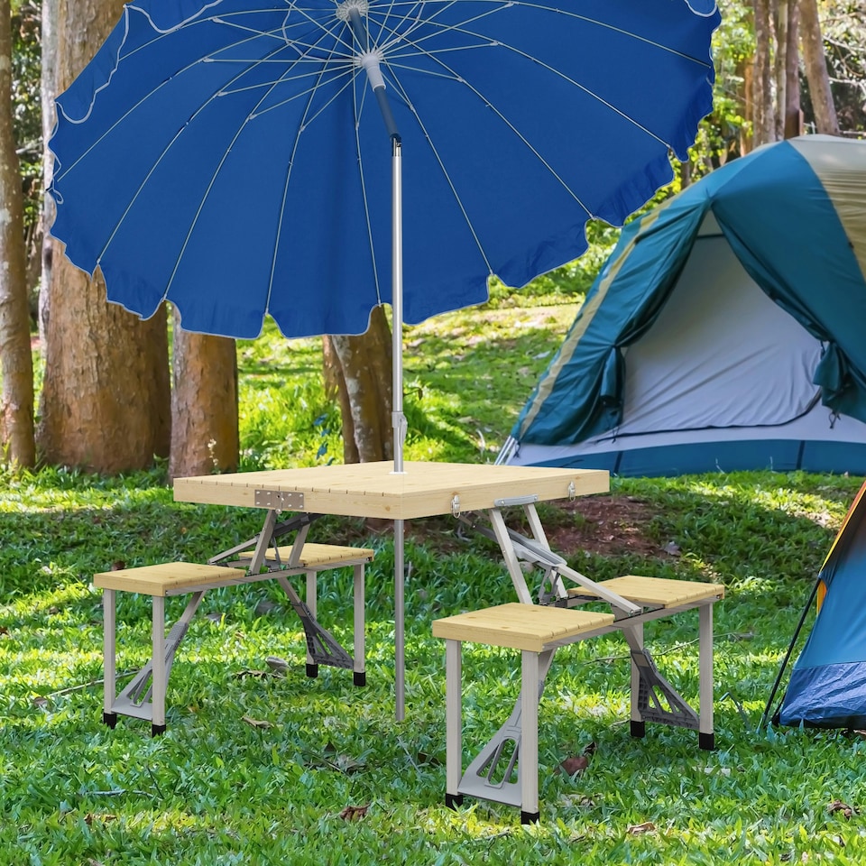 image 1 of Outsunny Folding Camping Table and Chairs with Umbrella Hole, Aluminium Frame