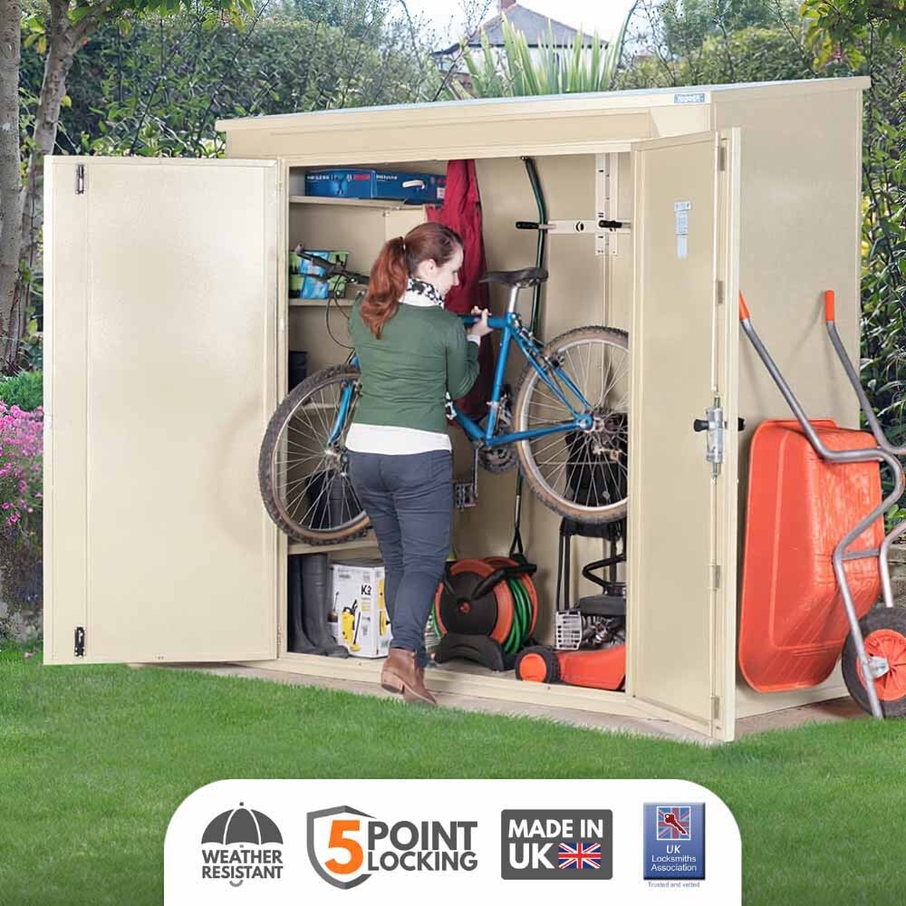 ASGARD Trojan Plus all metal bike shed & garden shed in CREAM with 5 point locking. Electric ready (7 x 3)