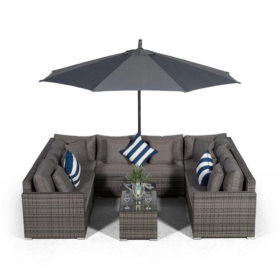 image 1 of Havana 8 Seat Rattan Corner Sofa Conversation Set w/ Large Coffee Table Grey | Grey