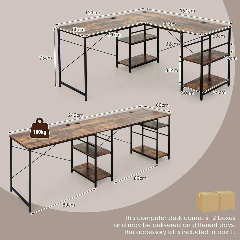 image 1 of COSTWAY L-Shaped Computer Desk Writing Desk Workstation Brown Brown