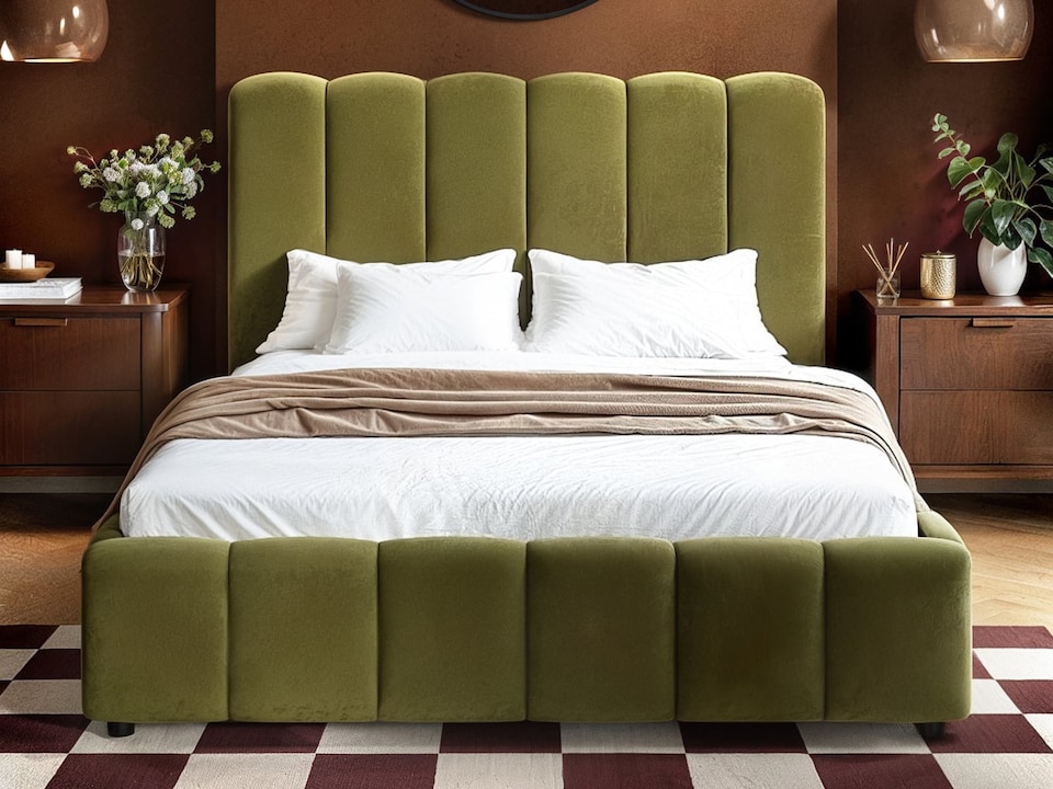 image 1 of SOLACE+CO Emilie Ribbed Ottoman Kingsize Bed Green Velvet
