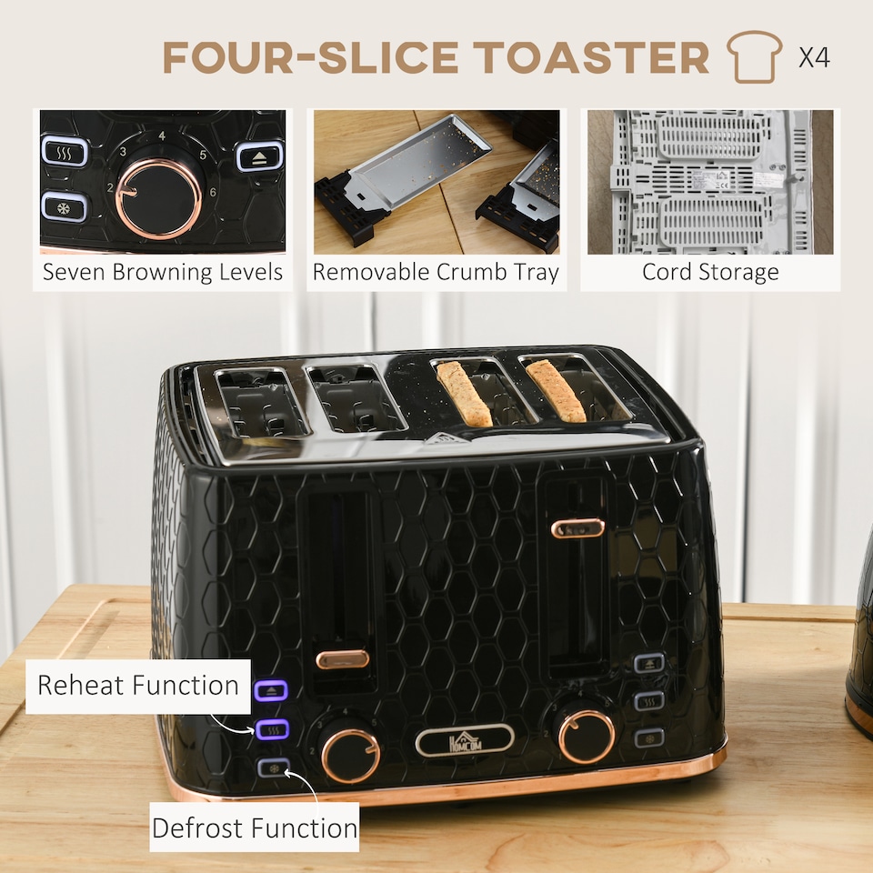 image 1 of HOMCOM 1.7L Kettle and Toaster Set with Defrost Reheat and Crumb Tray Black