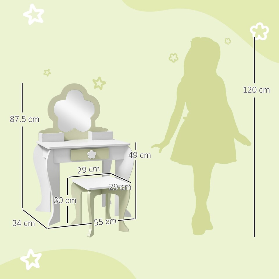 image 1 of ZONEKIZ Kids Vanity Table Set, Beauty Flower Design, for Ages 3-6 Years - White White