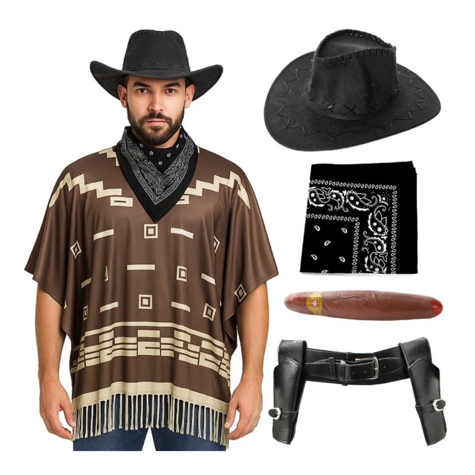 image 1 of Wild Western Costume 5 Pcs with Black Suede Cowboy Hat | Multi | XL