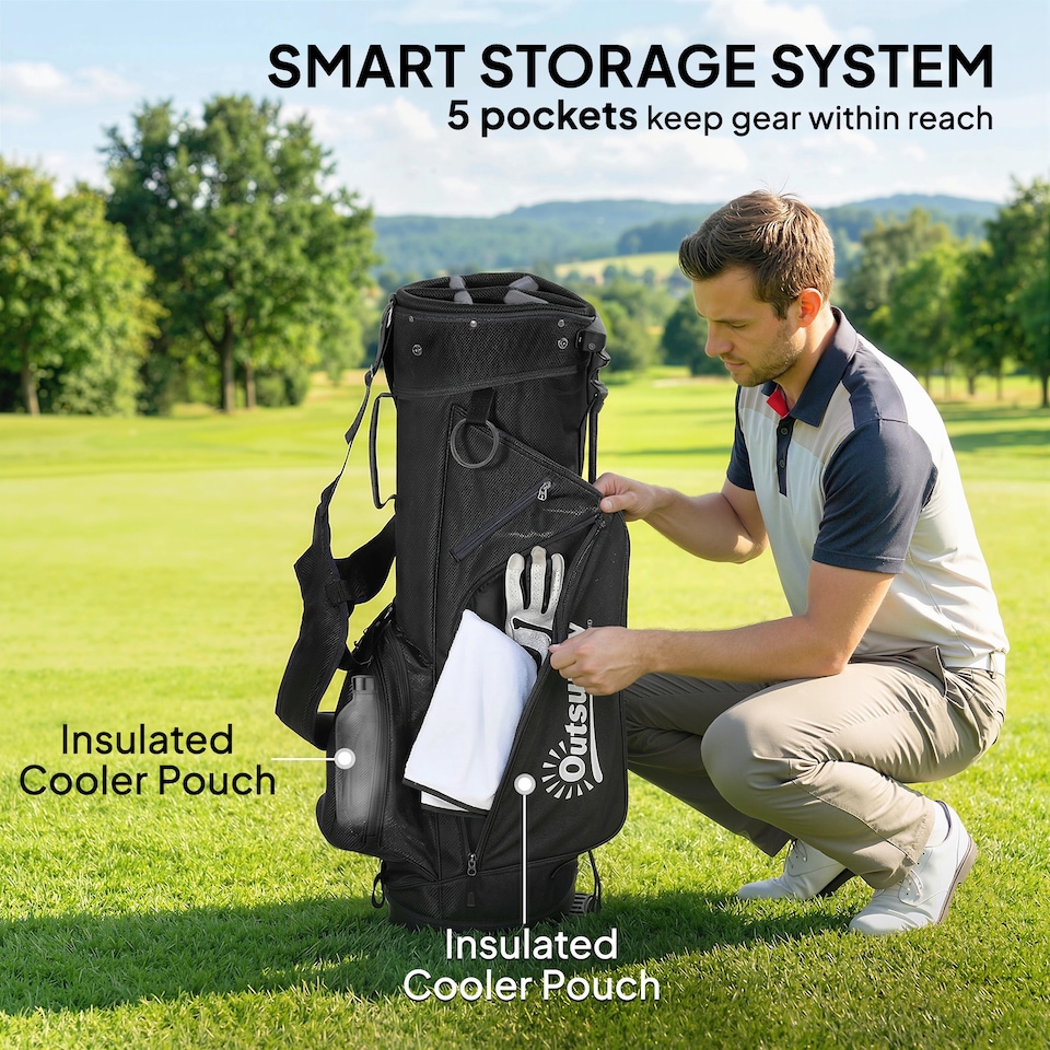 image 1 of Outsunny Golf Stand Bag 6 Way Full-Length Dividers Golf Bag Black