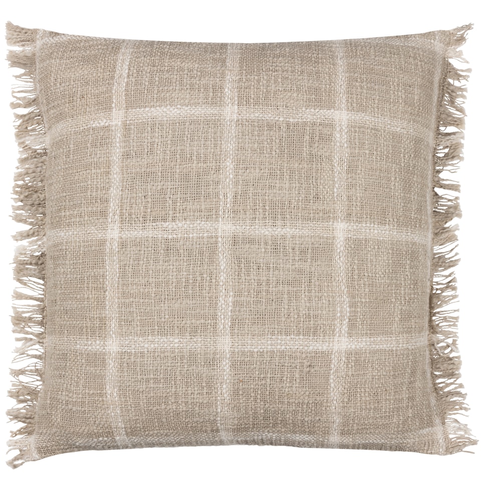 image 1 of Yard Beni Check Fringed Cushion, Stone/Natural, 45 x 45cm