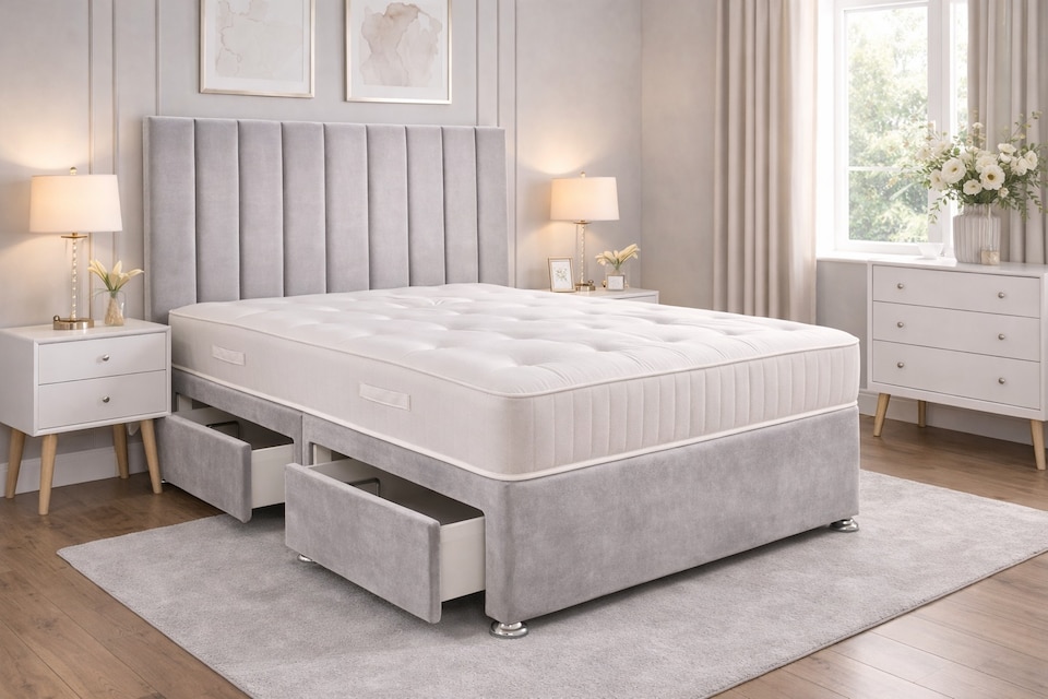 Silver 4ft small double plush divan bed with mattress and headboard 2 Drawers One Each Side