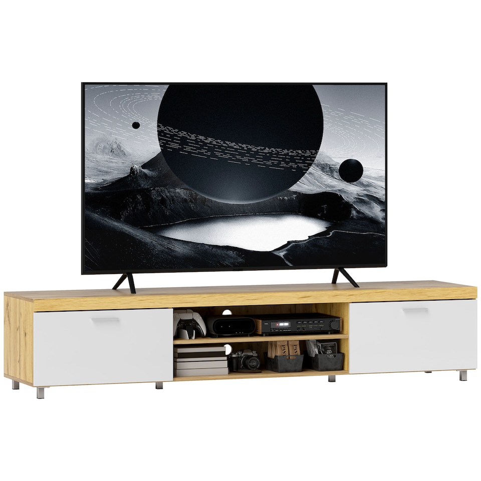 image 1 of HOMCOM 200cm TV Cabinet for TVs up to 90", Modern TV Unit with Storage and Open Shelves for Living Room and Bedroom, White and Light Brown