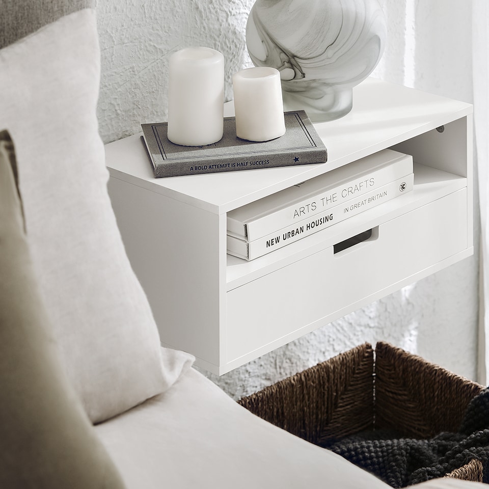 image 1 of Nightstand with 1 Drawer and 1 Shelf 17.7x9.8x8.7 inch Load Capacity 20 kg NKD03-WX2 - White
