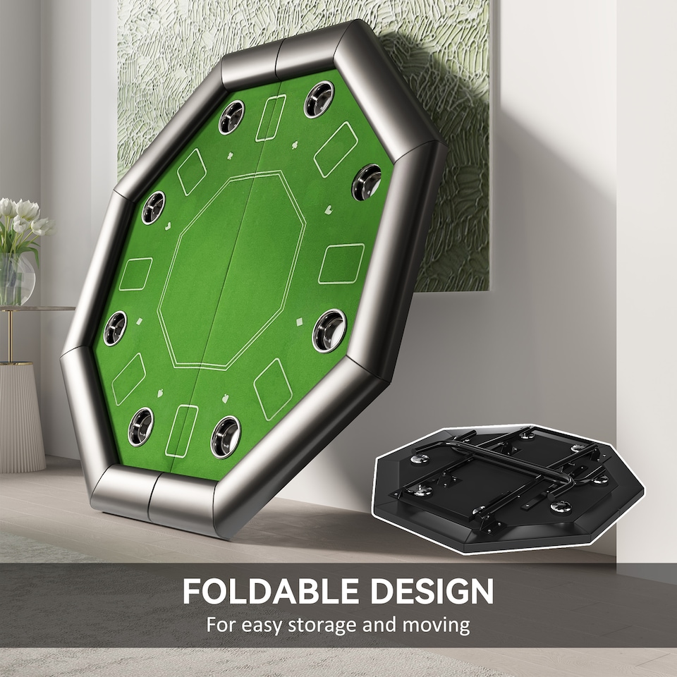 image 1 of SPORTNOW 8 Player Folding Poker Table with Cup Holders, Portable Octagon Blackjack Table with Padded Edge, Green | Green