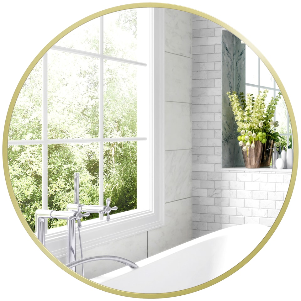 image 1 of HOMCOM Round Bathroom Mirror, Modern Wall-mounted Vanity Mirror with Aluminium Frame and Easy Install Hook for Living Room, Entryway, 60  60cm, Gold Tone