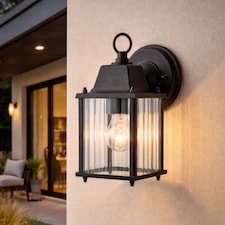 CGC Santiago Mini Matt Black Coach Lantern Wall Light with Ribbed Glass