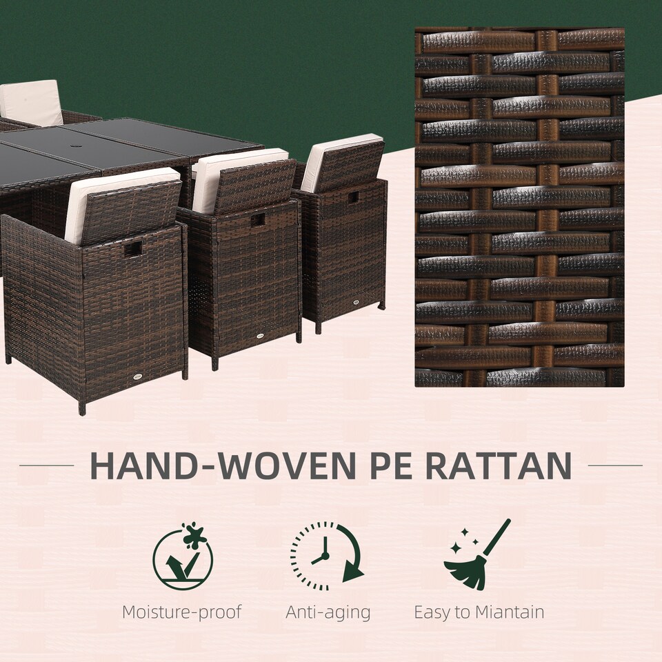 image 1 of Outsunny 10 Seater Rattan Cube Garden Furniture Set with Parasol Hole, Rattan Dining Set with Cushions, Outdoor Dining Table and Chairs with Rectangular Glass Top Table for Patio, Mixed Brown