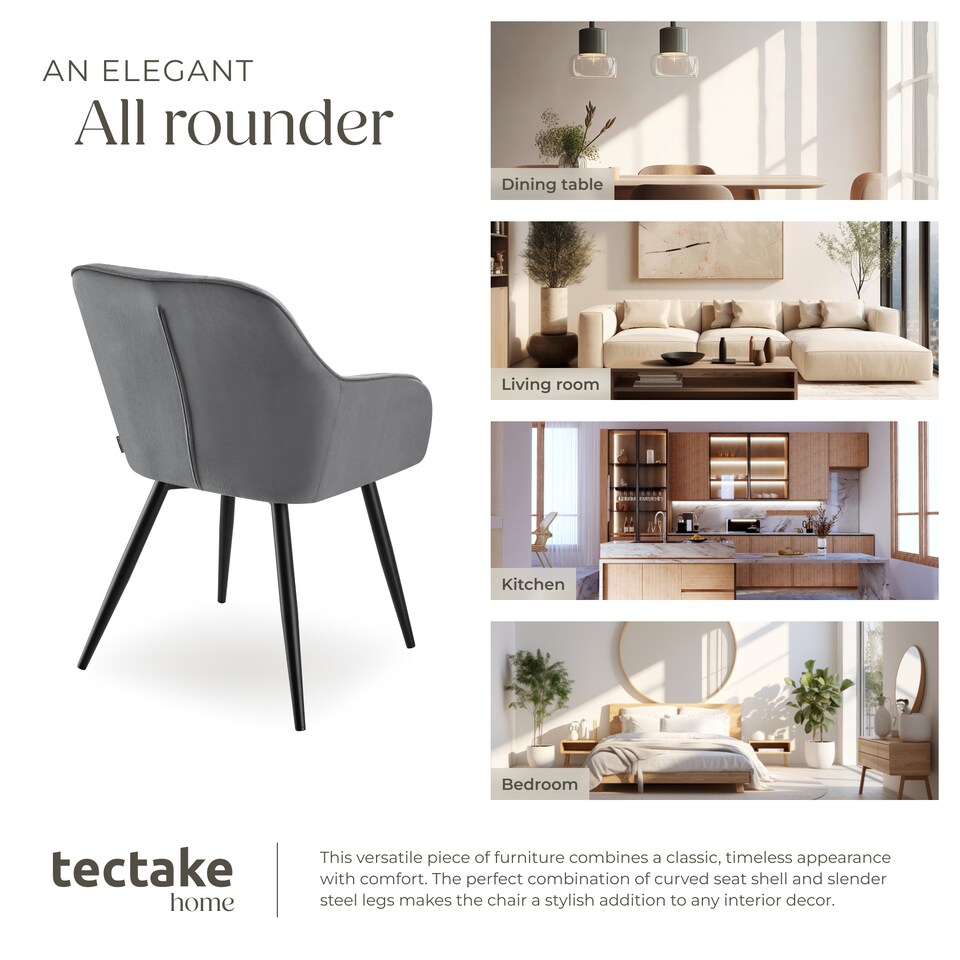 image 1 of Chair Marilyn - velvet look, quilted, continuous backrest, slim steel legs | Grey | grey/black | One Size | 2