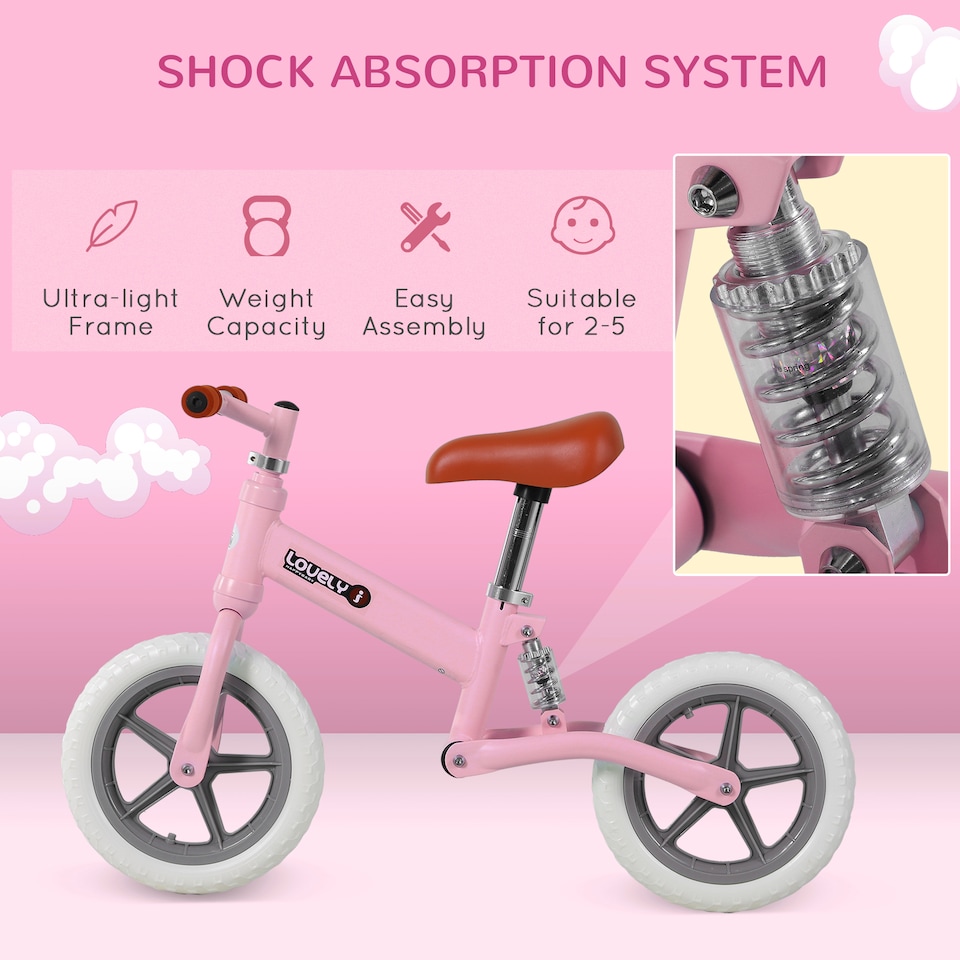 image 1 of HOMCOM 12  Kids Balance Bike No Pedal Bicycle EVA Tire Adjustable Seat Toddler Training Bike With Shock Absorber 2 - 5 Years Gift for Boys Girls Pink