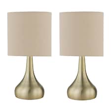 Set of 2 Romana - Antique Brass Touch Table Lamp with Linen Shades