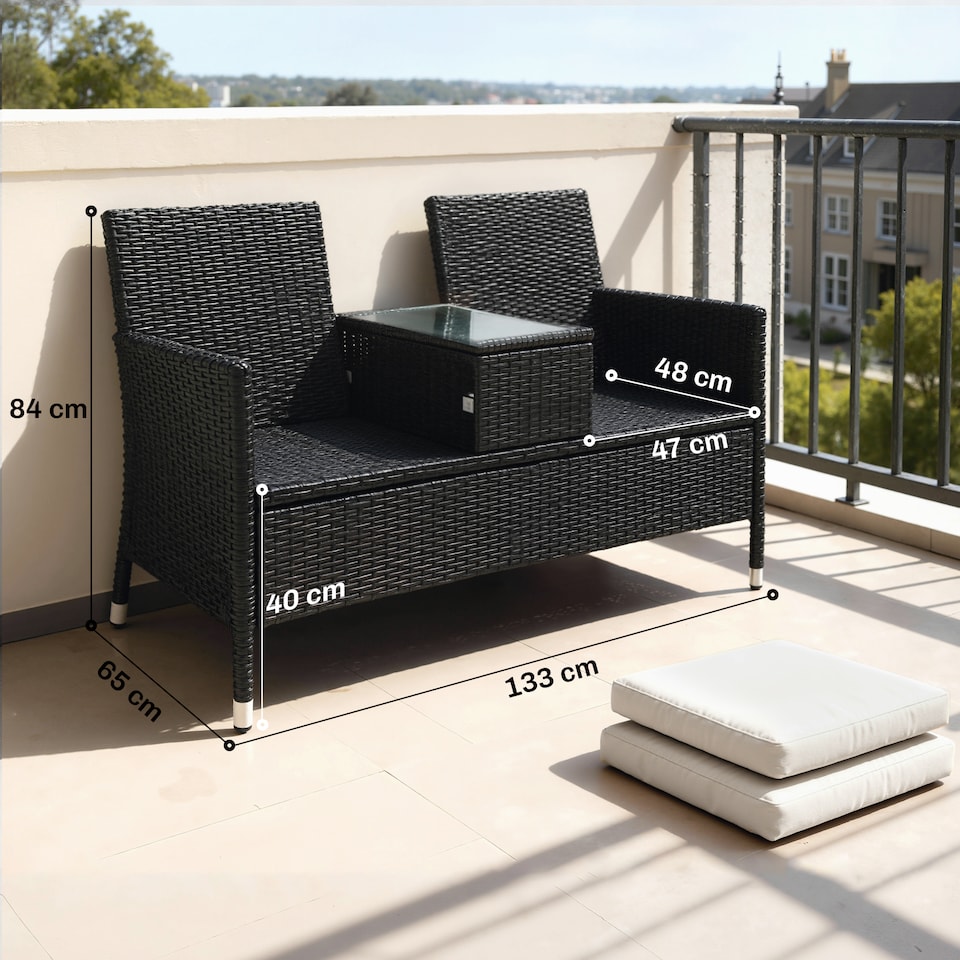 image 1 of Outsunny 2 Seater Rattan Sofa with Cushions, Wicker Garden Loveseat with Armrests, Outdoor Garden Sofa Couch with Metal Frame for Patio, Black | Black | Black | One Size