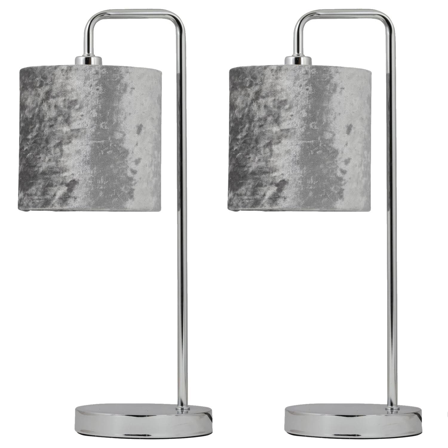 First Choice Lighting Set of 2 Chrome Arched Table Lamps with Grey Crushed Velvet Shades in Silver