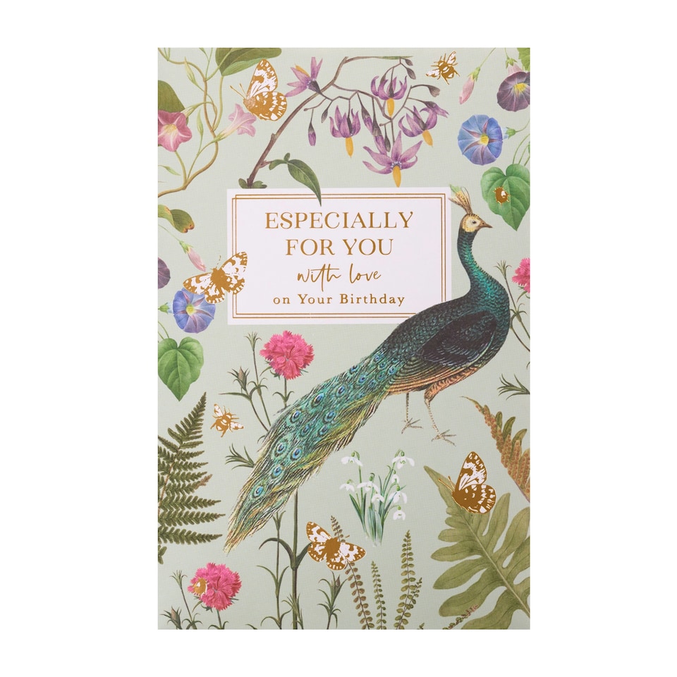 image 1 of Birthday card - Peacock and flowers