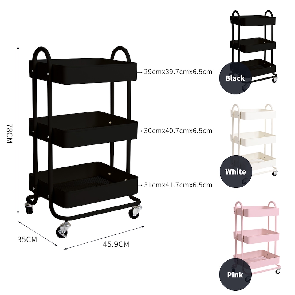 image 1 of Levede 3 Tiers Kitchen Trolley Cart | Pink | Pink