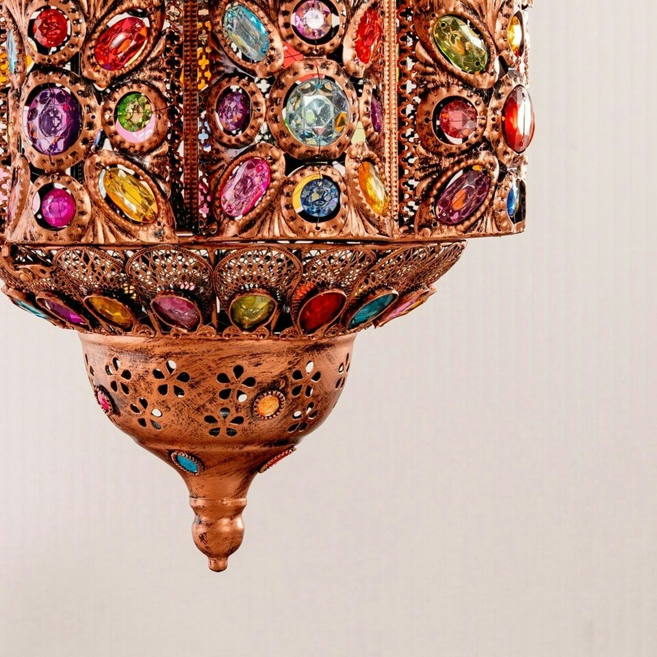 image 1 of ValueLights Leyla Large Bronze Lantern Ceiling Light Shade with Multi Coloured Jewels