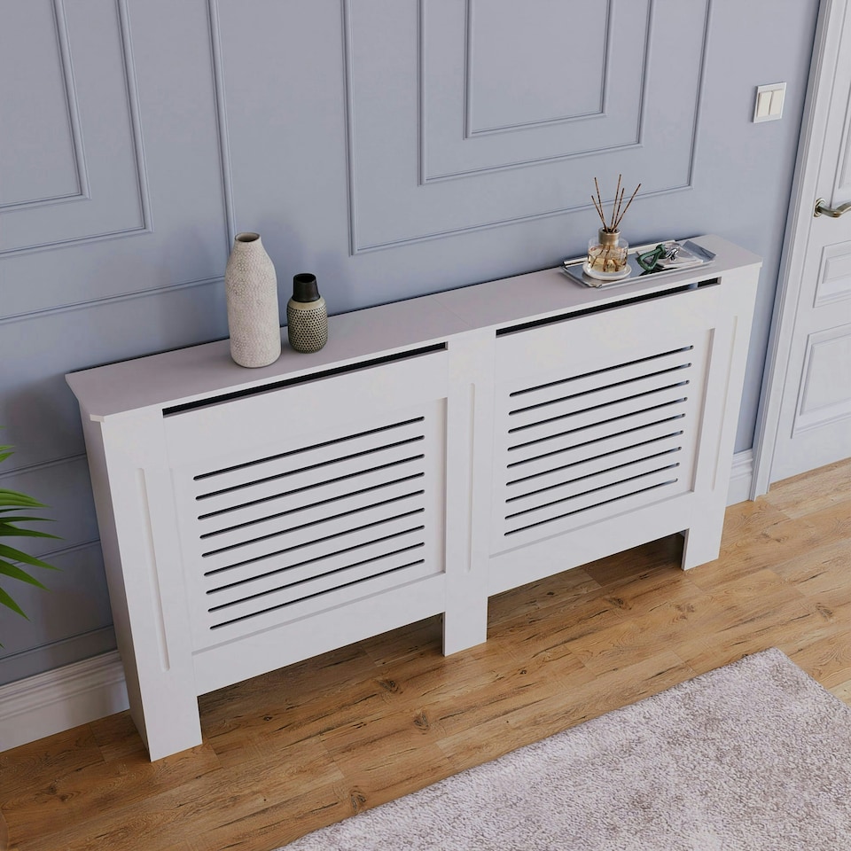 image 1 of Vida Designs Milton Radiator Cover Painted MDF Slatted Cabinet, White, 152cm